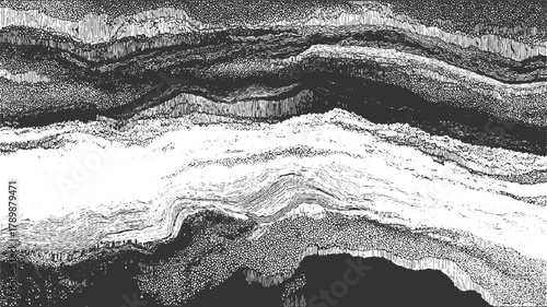 Black and white abstract cross section of geological strata with varied textures and patterns background