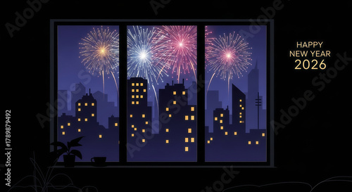 Urban skyline silhouette at night with fireworks and stars celebrating the new year over the city buildings