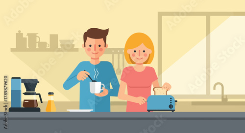 This cheerful flat design illustration shows a couple in a bright kitchen, collaboratively preparing breakfast by making coffee and toast. It symbolizes partnership and a happy start to the day.