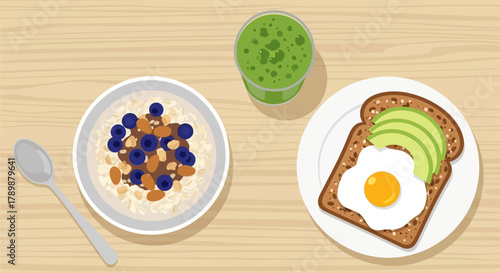 This crisp flat design illustration showcases a selection of healthy breakfast options, including oatmeal, a green smoothie, and avocado toast. It represents nutritious and mindful eating choices.