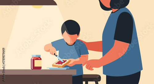 A heartwarming flat design illustration depicting a child assisting a parent in the kitchen, carefully spreading jam on toast for breakfast. This image conveys family bonding and shared morning ritual