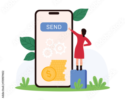 Instant money payment and fast transfer in mobile app, accounting. Tiny woman pointing to Send button on phone screen, customer using digital service to pay online cartoon vector illustration