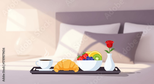 A luxurious flat design illustration featuring a breakfast tray with coffee, a croissant, a bowl of fresh fruit and a flower, set on a bed. 