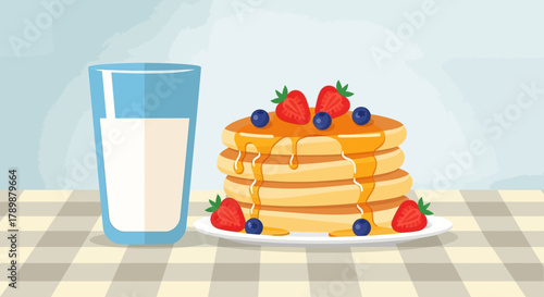 This cozy flat design illustration features a stack of freshly made pancakes with syrup and berries, perfect for a leisurely weekend breakfast. It evokes comfort and indulgence.