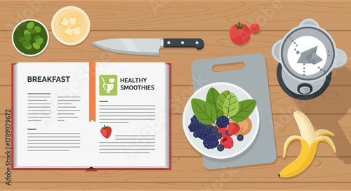 An instructional flat design illustration displaying an open cookbook with a breakfast recipe for healthy smoothies, surrounded by fresh ingredients.