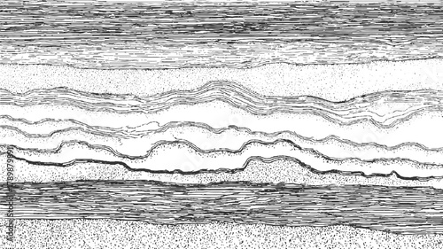 Black and white illustration of geological rock strata layers with wavy lines and stippled texture geology