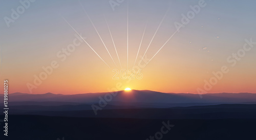 Beautiful orange and red sunset or sunrise landscape over the mountains, water, or sea, with vibrant sky, clouds, and light reflection