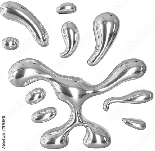 3D Chrome Silver abstract liquid shape, futuristic molten metallic fluid ilustration isolated