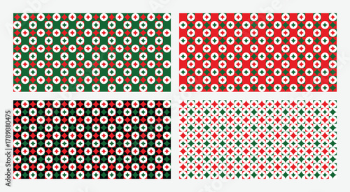 Set of Four Seamless Geometric Patterns in Red, Green, and White for Christmas and Festive Holiday Backgrounds