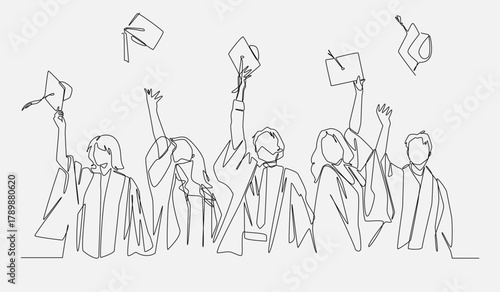 Continuous line drawing of students celebrating graduation throwing mortarboards. Editable line. Vector illustration.