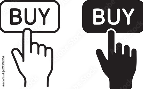 Hand cursor clicking a 'buy' button icon. outline and solid fill versions for online shopping, e-commerce, purchase, and digital transaction concept. isolated on white background, Vector, illustration