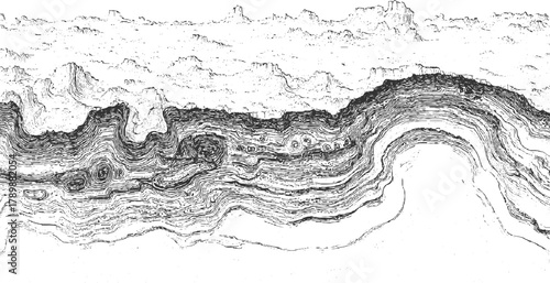 Black and white line art topographic map of rugged mountainous terrain with swirling patterns abstract