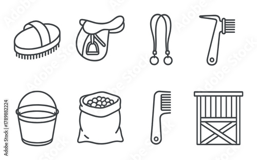 Icons of equestrian grooming and gear on metallic background