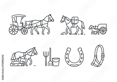 Outline illustrations of carriages, horses, and equestrian equipment