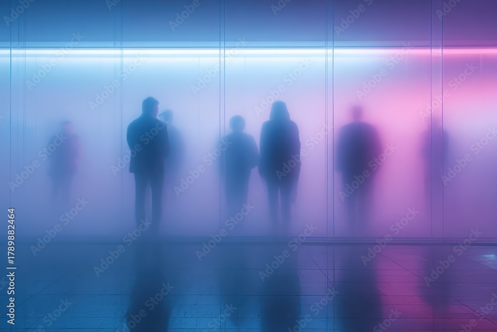 Fototapeta premium Silhouetted Figures in Neon Fog Corridor Emit Blue and Pink Glow, Moody Abstract Scene Suggesting Mystery, Privacy, and Urban Future, Ideal for Technology, Travel, or Business Concept Visuals