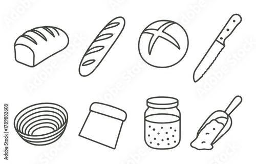 Artisan bread and baking tools: loaves, jar, knife, and scoop on textured background