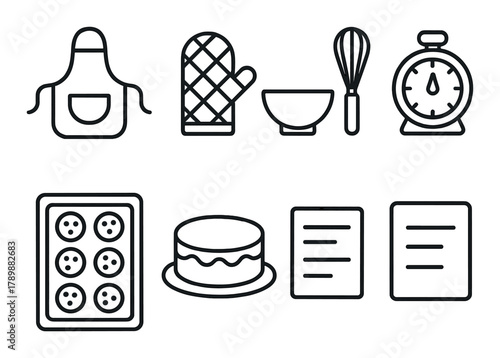 Monochrome kitchen utensils illustration featuring apron, oven mitt, whisk, bowl, timer, baking tray, cake, and recipe cards