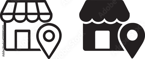 Outline and solid filled shop location icon, symbolizing retail stores, business addresses, local navigation, and service discovery. isolated on white background, Vector, illustration