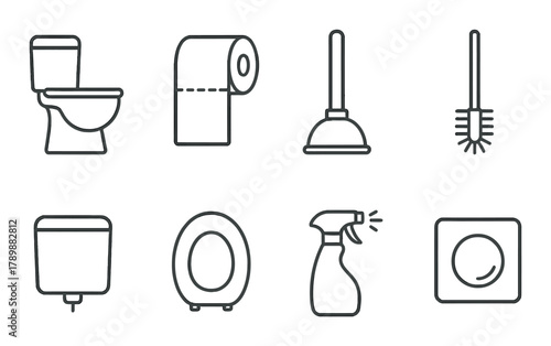 Collection of bathroom icons featuring toiletries and cleaning tools