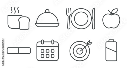 Monochrome culinary icons: cooking, dining, planning, target, battery symbols on steel texture