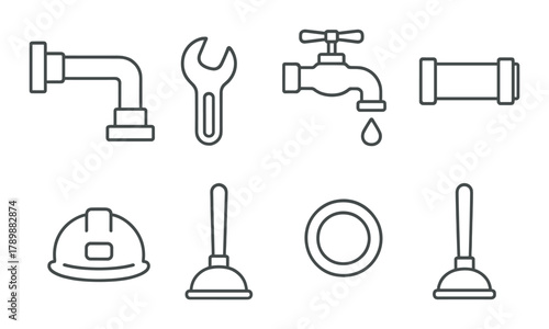 Plumbing tools and symbols on gray background