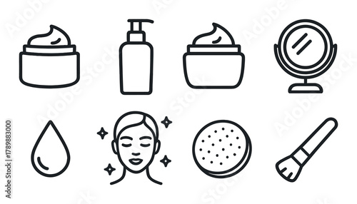Skincare icons set: cream, lotion, mirror, drop, face, sponge, brush