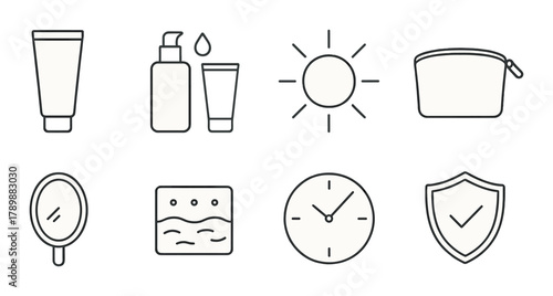Skincare icons: lotion, sun, cosmetic bag, mirror, clock, shield