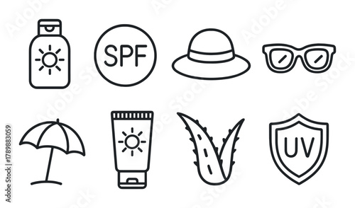 Sun protection essentials: spf, hat, sunglasses, and umbrella icons with aloe and uv shield