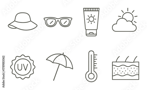 Sun protection essentials: hat, sunglasses, sunscreen, uv, temperature, skin care icons