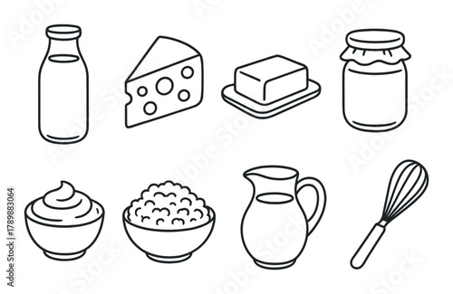 Icons of dairy products and kitchen utensil on metallic background