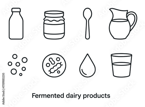 Fermented dairy products icons: milk, yogurt, spoon, pitcher, bubbles, bacteria, drop, glass