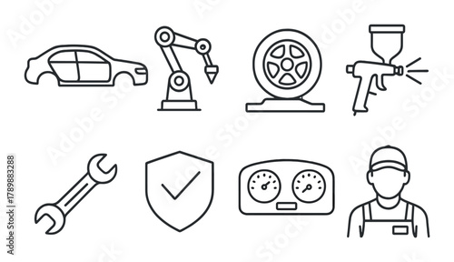 Automotive maintenance icons featuring tools and equipment in monochrome design