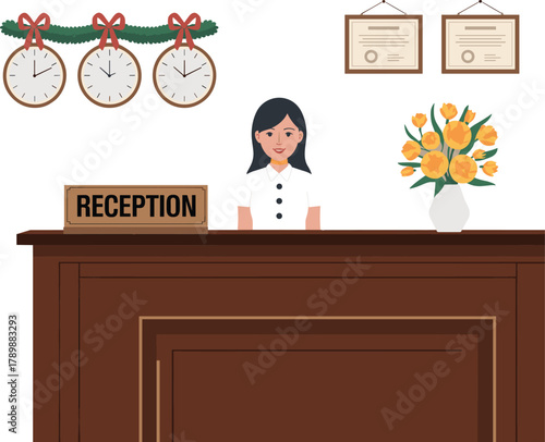Modern hotel reception desk illustration with receptionist, elegant interior, flower vase, clocks on wall, professional hospitality and customer service concept
