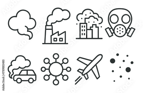 Air pollution causes: factory emissions, smoke, gas masks, vehicles, particles