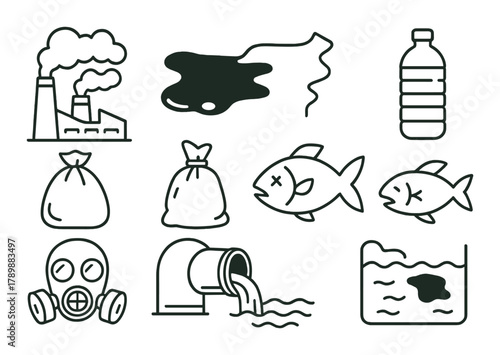 Industrial pollution and waste icon set illustrating environmental issues