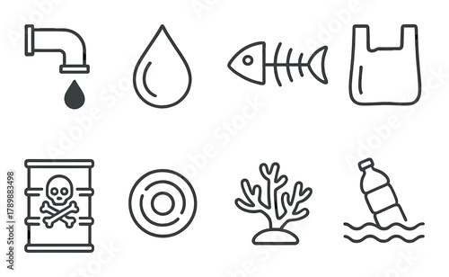 Environmental icons: water conservation, pollution, and waste awareness symbols