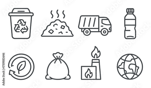 Environmental waste management icons: recycling, composting, collection, and global sustainability