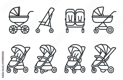 Variety of baby stroller silhouettes on dark background