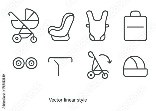 Baby gear icons collection: stroller, car seat, carrier, accessories