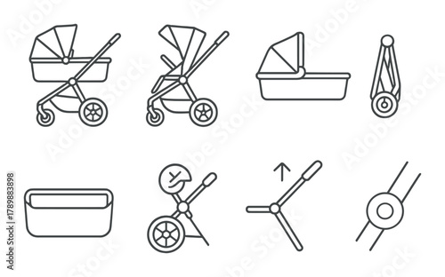Gray icon set of baby stroller and cradle components on dark background