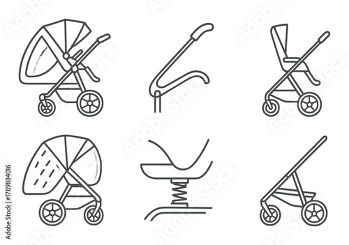 Outline icons of various stroller designs on gradient background