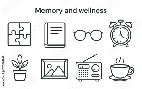 Memory and wellness icons: puzzle, book, glasses, clock, plant, frame, radio, cup