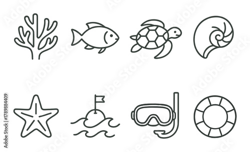Marine icons: coral, fish, turtle, nautilus, starfish, island, snorkel, lifebuoy