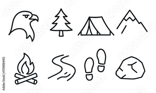 Camping and nature icons: eagle, tent, mountain, campfire, trail, footprints, rock