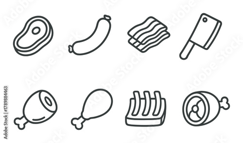 Icon set of various meat cuts and cooking tools in dark stylized design