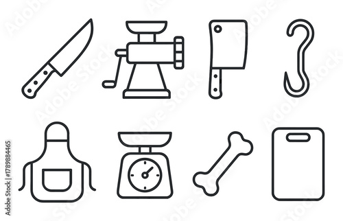 Butcher tools illustration: knife grinder cleaver hook apron scales bone cutting board