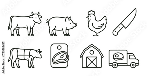 Livestock icons: cow, pig, chicken, knife, barn, meat cuts, truck