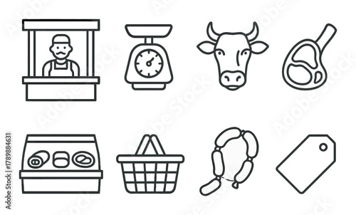 Butcher shop icons: meat, scale, basket, cow, sausage, ham, price tag, counter