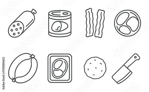 Outline icons of canned food, sausage, bacon, and meat products