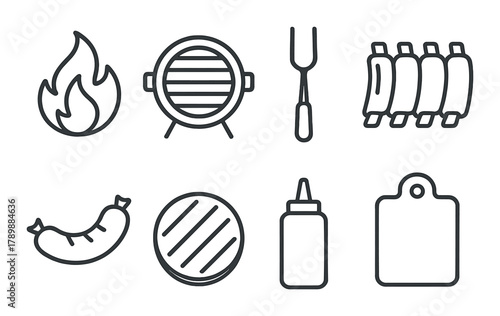 Grill icons: fire, barbecue, sausage, ribs, and kitchen essentials